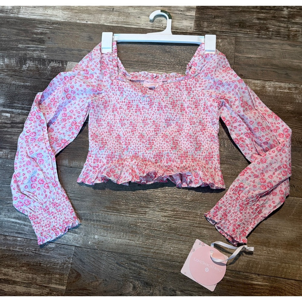 NWT LoveShackFancy for Target Girls Pink Floral Smocked Long Sleeve Top Size 12